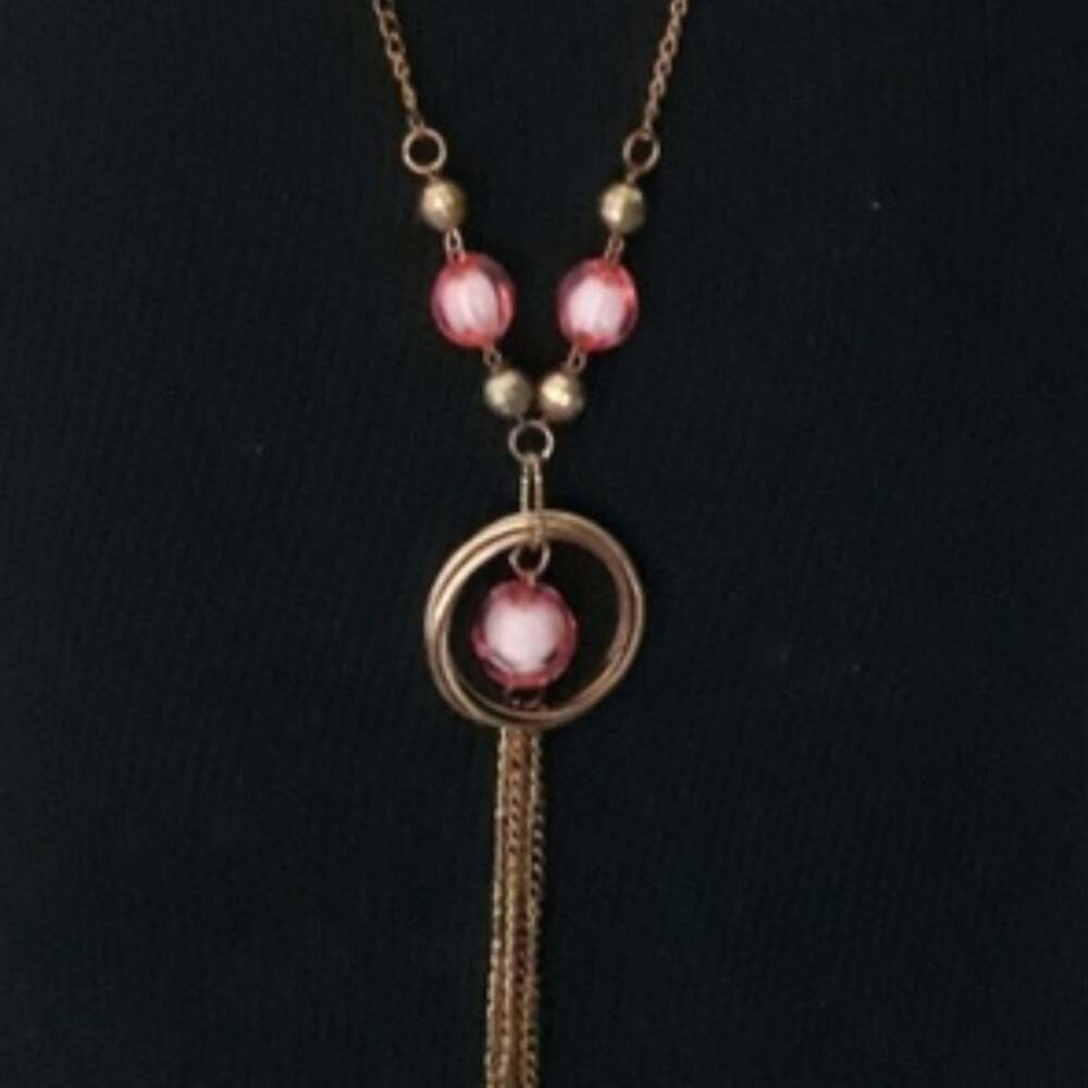Opera Necklace Pink Beads Chain Gold Tassel 33”